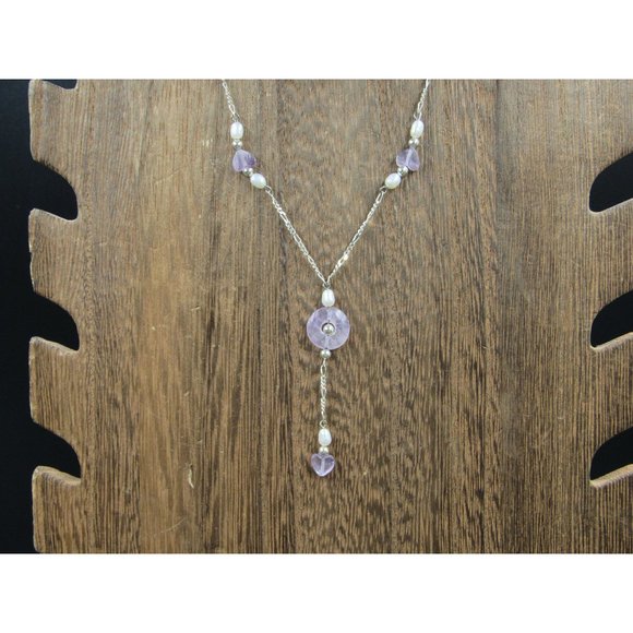 18 Inch Sterling Silver Amethyst Stone Hearts With Pearls Necklace - Picture 1 of 6